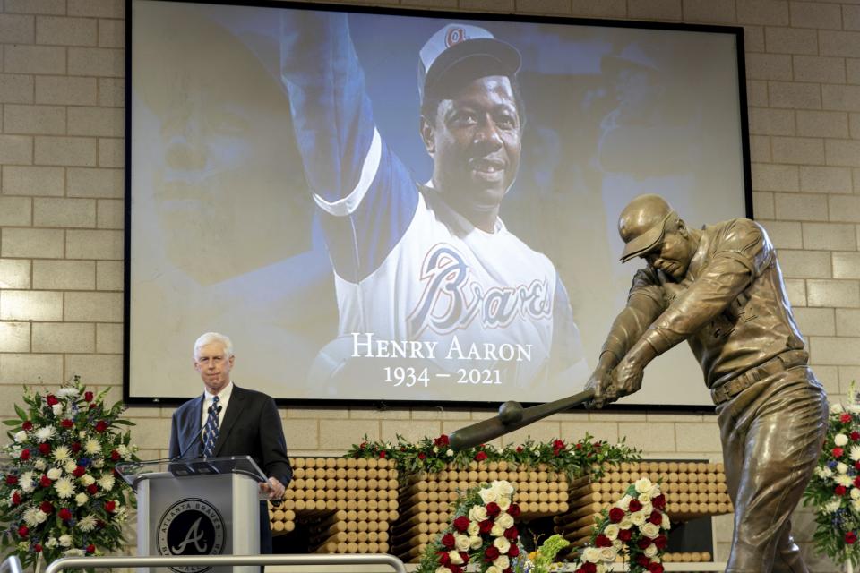 Atlanta Braves Chairman Terry McGuirk speaks during "A Celebration of Henry Louis Aaron," a memorial service celebrating the life and enduring legacy of the late Hall of Famer and American icon, on Tuesday, Jan. 26, 2021, at Truist Park in Atlanta. (Kevin D. Liles/Atlanta Braves via AP Pool)