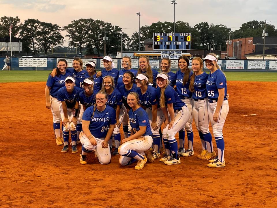 The Jay softball team poses for pictures after defeating Paxton 3-0 in the Region 1-1A title game on Tuesday, May 17, 2022 from Jay High School.