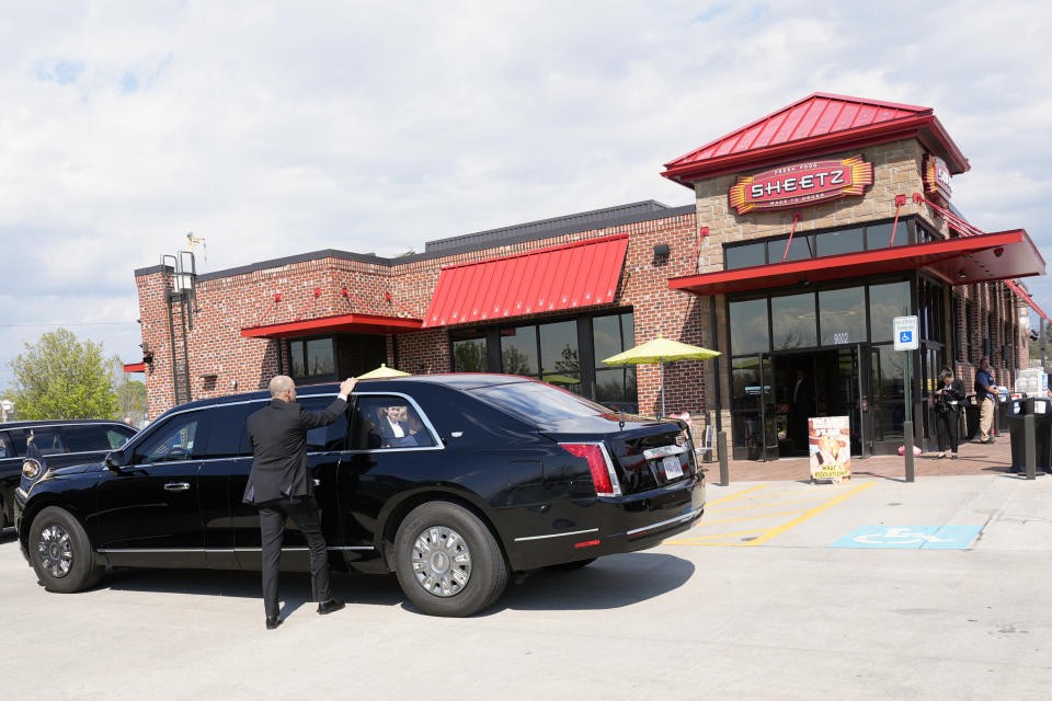 President Joe Biden's limosine is seen outside Sheetz, where the President stopped enroute to Pittsburgh International Airport, Wednesday, April 17, 2024, in Pittsburgh, Pa. (AP Photo/Alex Brandon)