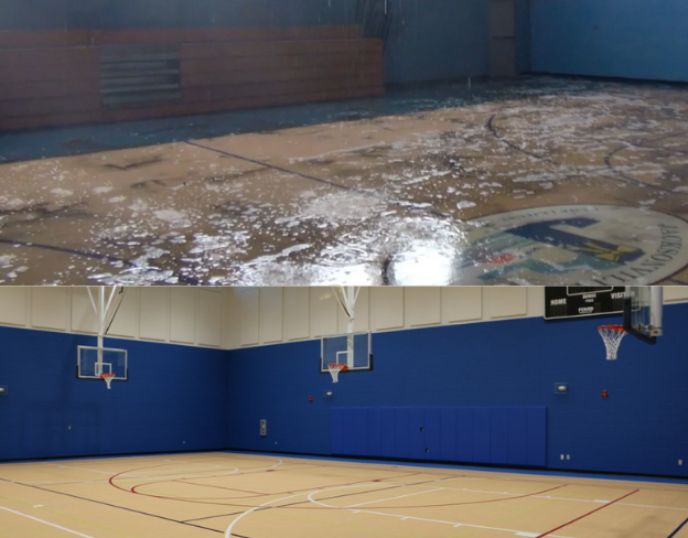 Jack Amyette's gym after Hurricane Florence wreaked havoc on it in 2018 and the gym now that it's been reconstructed.