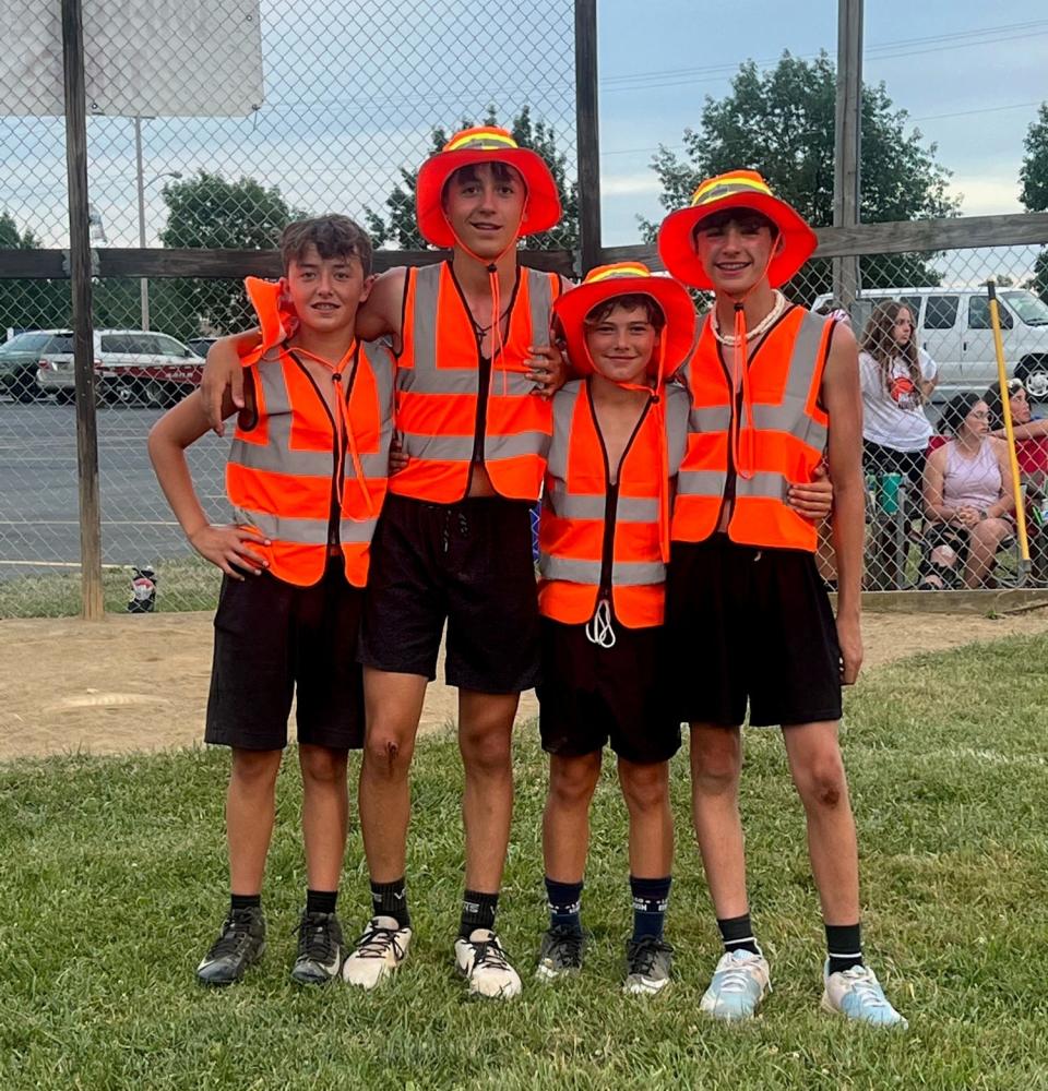 Construction Crew team members Max Ohl, Jeff Hickey, Mason Bauer and Kyle Turk (not pictured Noah Merrill) pose for a picture Saturday at Southview Grace Brethren Church.