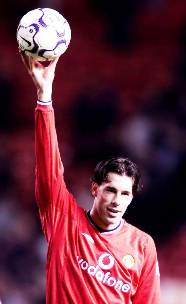 Ruud Van Nistelrooy with the match ball after his hat-trick against Southampton in December 2001