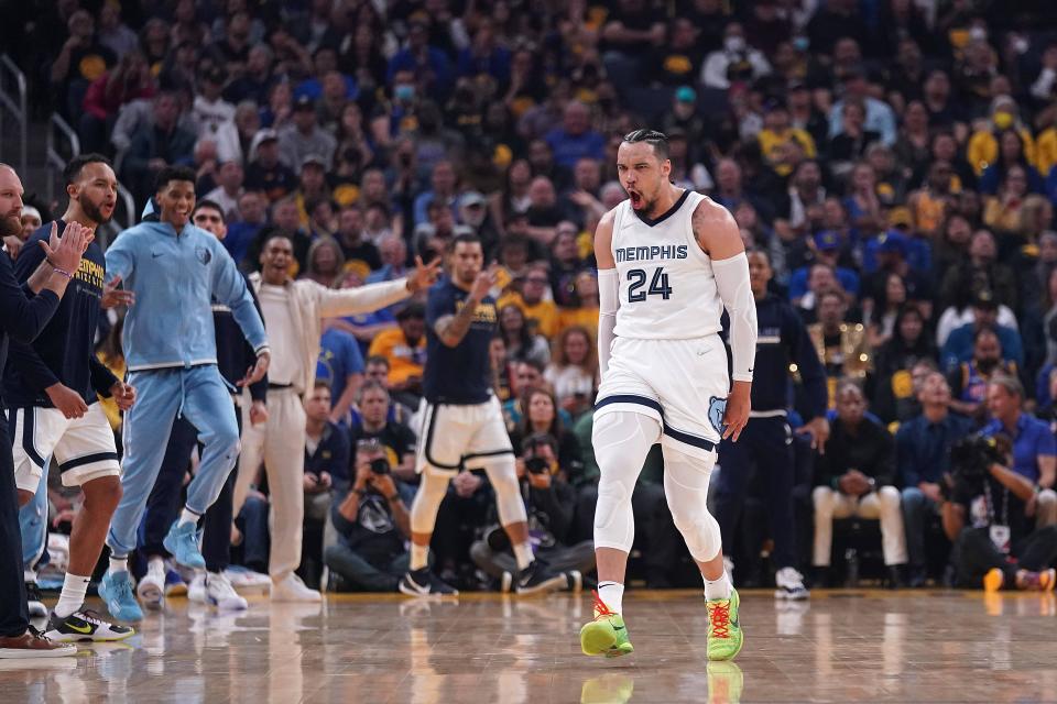 May 13, 2022; San Francisco, California, USA; Memphis Grizzlies guard Dillon Brooks (24) reacts after making a three point basket against the Golden State Warriors in the first quarter during game six of the second round for the 2022 NBA playoffs at Chase Center. Mandatory Credit: Cary Edmondson-USA TODAY Sports