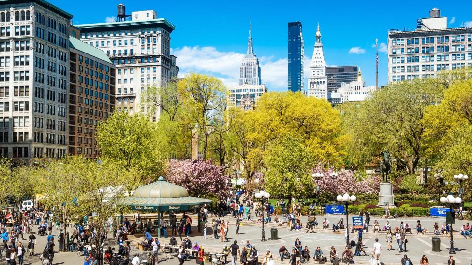 High view of Union Square and the Empire State Building.