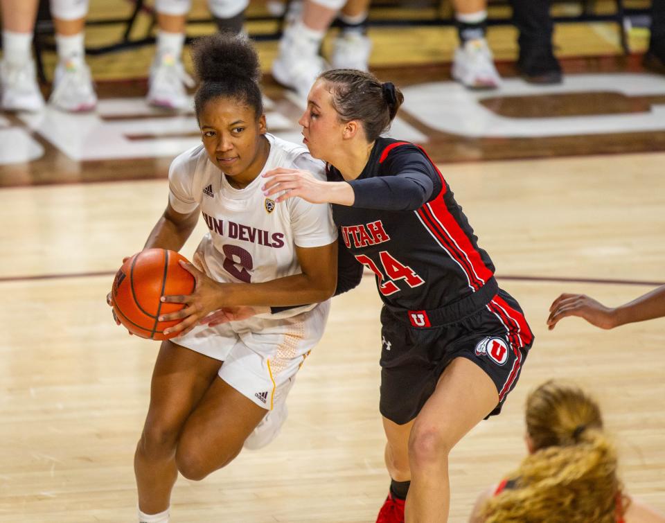 ASU sophomore guard Jaddan Simmons (2) drives against Utah at Desert Financial Arena in Tempe, Ariz. on Sunday, Jan. 23, 2022.