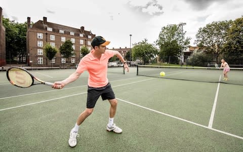 Anna Tyzack and her husband Christian Kenny are doing a tennis lesson - Credit: John Nguyen/JNVisuals