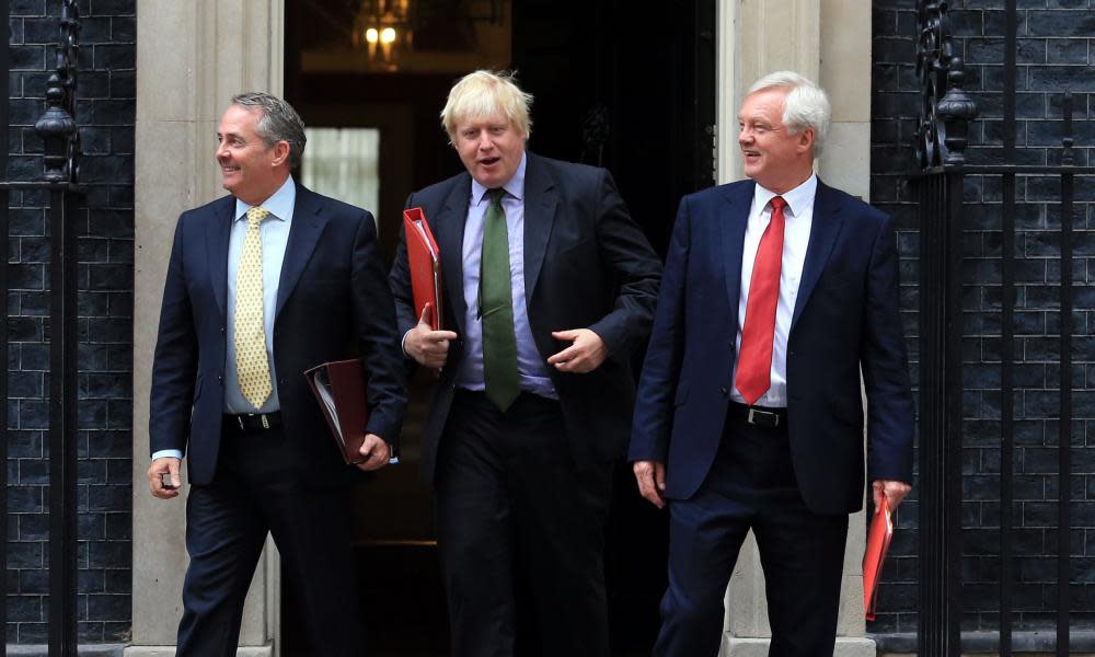 International Trade Secretary Liam Fox, Foreign Secretary Boris Johnson and Brexit Secretary David Davis leave 10 Downing Street, London