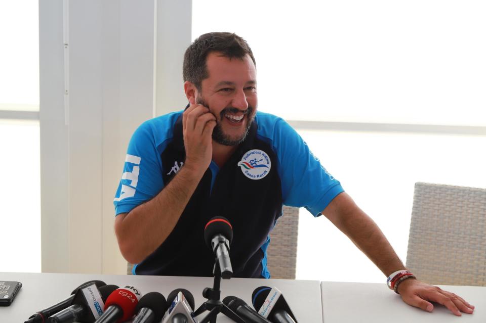 Italian Deputy Prime Minister and Interior Minister, Matteo Salvini, speaks during a press conference at Lido Cala Sveva in Termoli, part of his 'Italian summer tour', Friday, Aug. 9 2019. Italy on Friday edged closer to holding an election as early as this fall that could move the country farther to the right, with anti-migrant Deputy Premier Matteo Salvini already unofficially campaigning for the premiership and declaring it makes “no sense” to keep alive the feuding populist coalition government. (Nico Lanese/ANSA via AP)