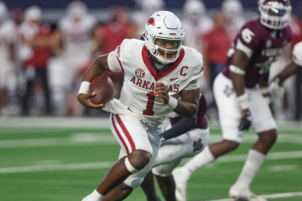 Arkansas Razorbacks quarterback KJ Jefferson (1) is putting up big numbers this season and he's feeling good about his team's chances against No. 2 Alabama this week. (Photo by George Walker/Icon Sportswire via Getty Images)