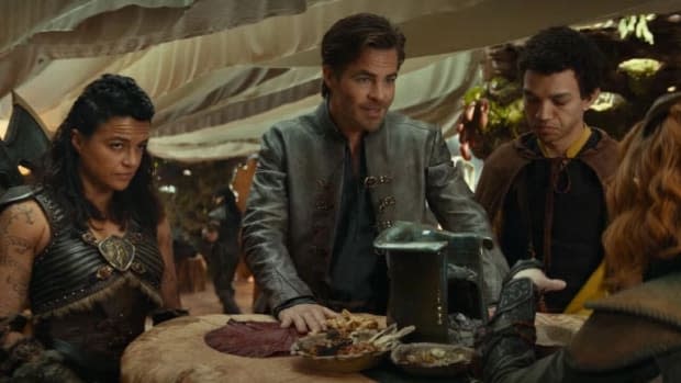Michelle Rodriguez as Holga the Barbarian, Chris Pine as Edgin and Justice Smith as Simon in "Dungeons & Dragons: Honor Among Thieves"<p>Paramount Pictures</p>