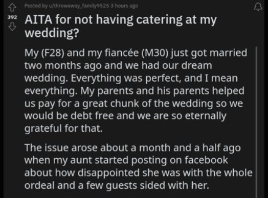 Person asks "AITA for not having catering at my wedding?" and discusses their wedding (F28 and M30) and how perfect it was, except their aunt posted their disappointment on Facebook