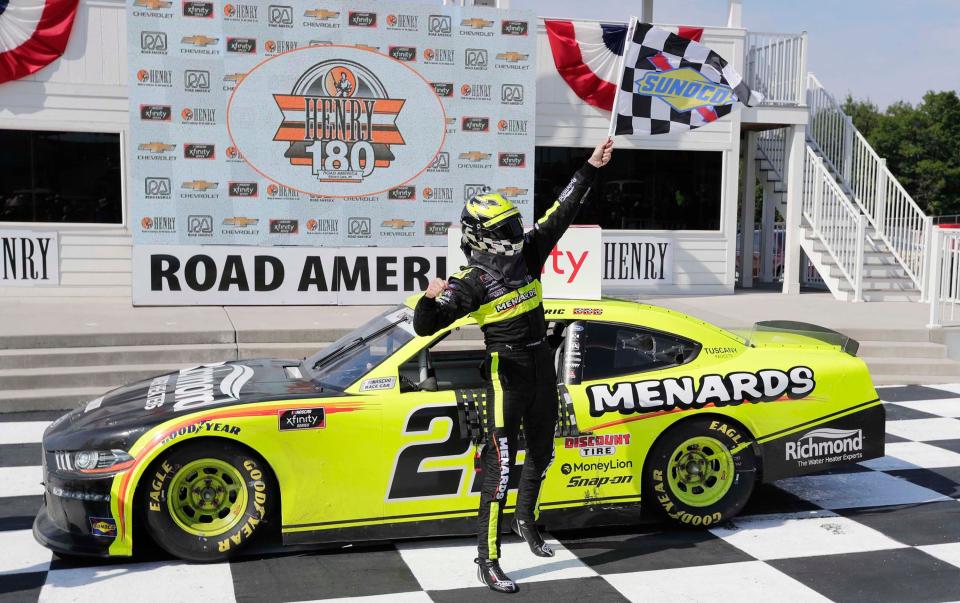 Austin Cindric celebrates his victory in the 2020 Henry 180.