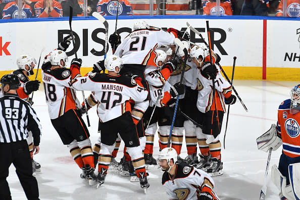 EDMONTON, AB - MAY 3: The Anaheim Ducks celebrate after winning Game Four of the Western Conference Second Round during the 2017 NHL Stanley Cup Playoffs against the Edmonton Oilers on MAY 3, 2017 at Rogers Place in Edmonton, Alberta, Canada. (Photo by Andy Devlin/NHLI via Getty Images)