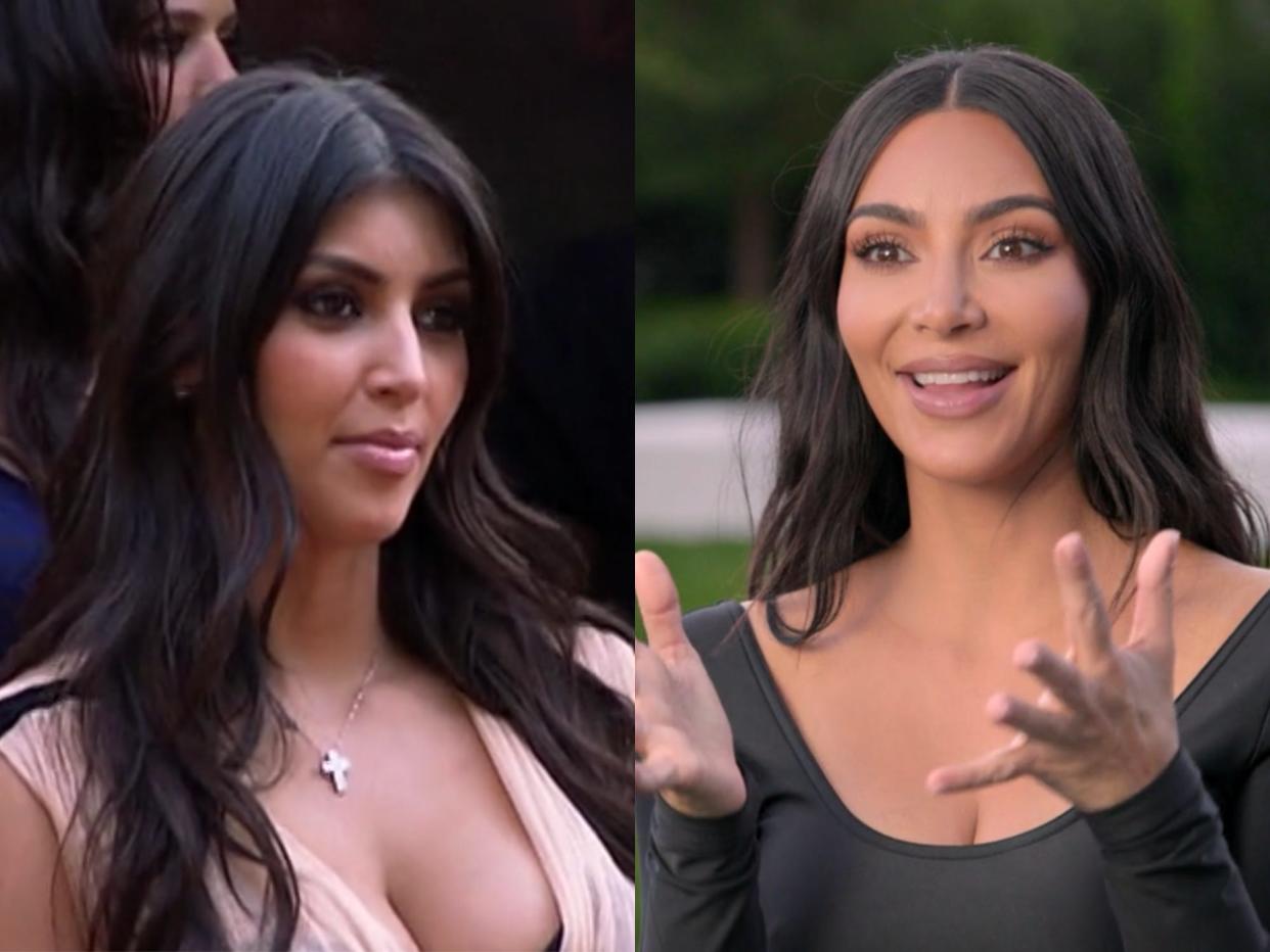 left: a young kim kardashian in a pink dress on the series premiere of kuwtk; right: an older kim kardashian wearing a black shirt and smiling on the series premiere of the kardashians