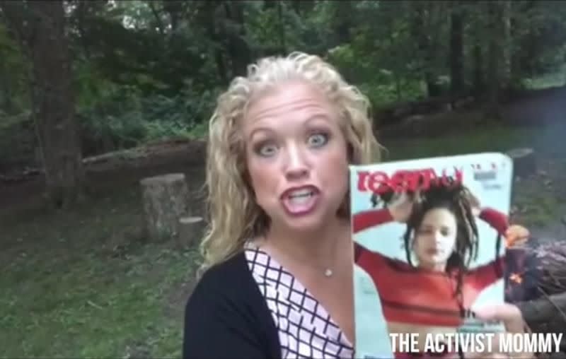 Many have slammed this mother on social media for burning Teen Vogue over a sex article. Source: YouTube / The Activist Mommy
