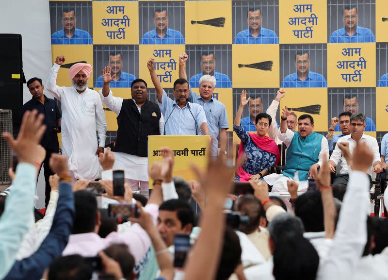 Delhi Chief Minister Arvind Kejriwal addresses supporters and members of Aam Aadmi Party (AAP) in New Delhi