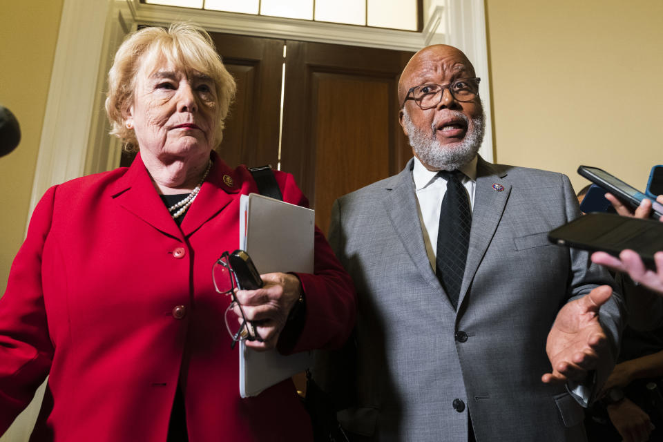 House select committee investigating the Jan. 6 attack on the U.S. Capitol Chairman Bennie Thompson, D-Miss., right, and Rep. Zoe Lofgren, D-Calif., speak to reporters at they leave the hearing room on Capitol Hill in Washington, Monday, June 13, 2022. (AP Photo/Manuel Balce Ceneta)