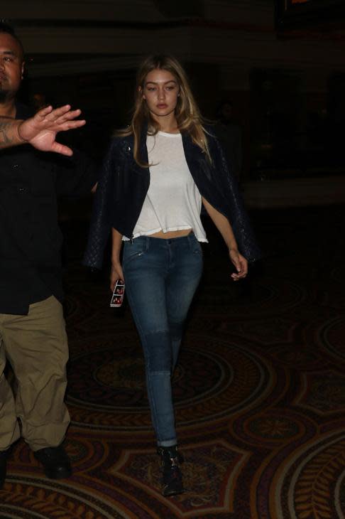 Gigi wearing <b><a rel="nofollow noopener" href="http://www.polyvore.com/cgi/shop?query=Payton+Moto&.search_src=masthead_search" target="_blank" data-ylk="slk:Black Orchid Payton Moto Jeans;elm:context_link;itc:0;sec:content-canvas" class="link ">Black Orchid Payton Moto Jeans</a></b> in Vegas on her first night out on the town since splitting with Cody Mason. <br><br>Credit: Splash