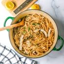 <p>This satisfying one-pot pasta cooks with just the right amount of water so you're left with perfectly cooked noodles and enough starchy liquid to act as a sauce. Stir in lemon juice and zest at the end for a bright finish.</p> <p> <a href="https://www.eatingwell.com/recipe/7915434/3-ingredient-one-pot-lemon-pasta-with-rotisserie-chicken/" rel="nofollow noopener" target="_blank" data-ylk="slk:View Recipe;elm:context_link;itc:0;sec:content-canvas" class="link ">View Recipe</a></p>