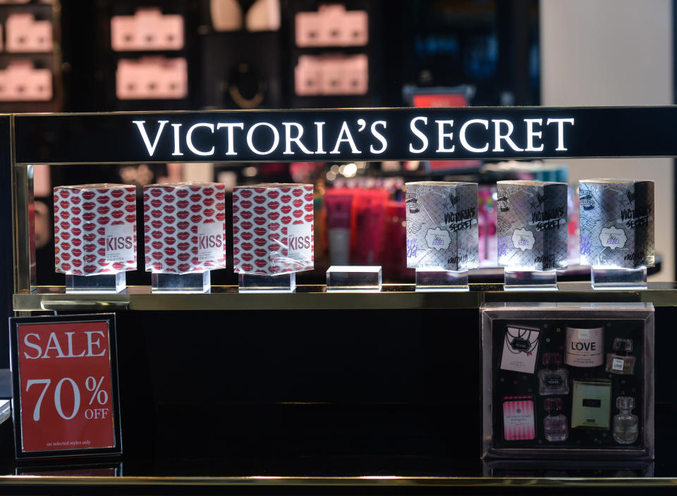 A rack of perfumes in Victoria's Secret