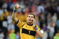 Spanish goalkeeper Iker Casillas celebrates at the end of the penalty shoot out of the Euro 2012 football championships semi-final match Portugal vs. Spain at the Donbass Arena in Donetsk. Defending champions Spain beat Portugal 4-2 on penalties after their Euro 2012 semi-final finished 0-0 after extra-time here on Wednesday