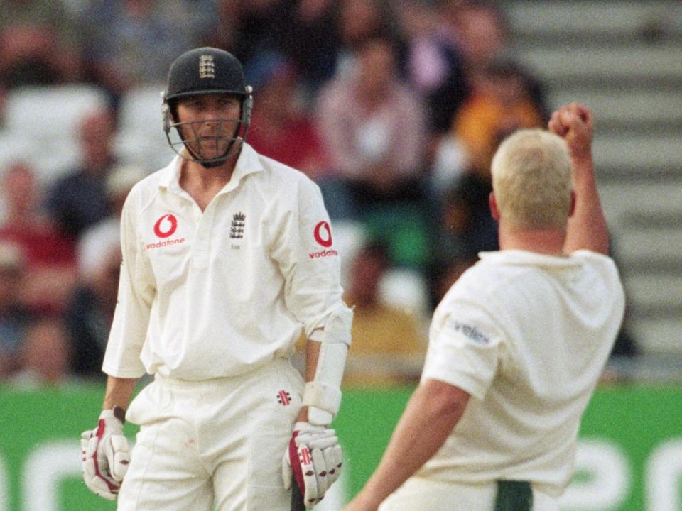 Shane Warne of Australia celebrates the wicket of Michael Atherton during the Third Ashes Test in 2001 (Getty Images)