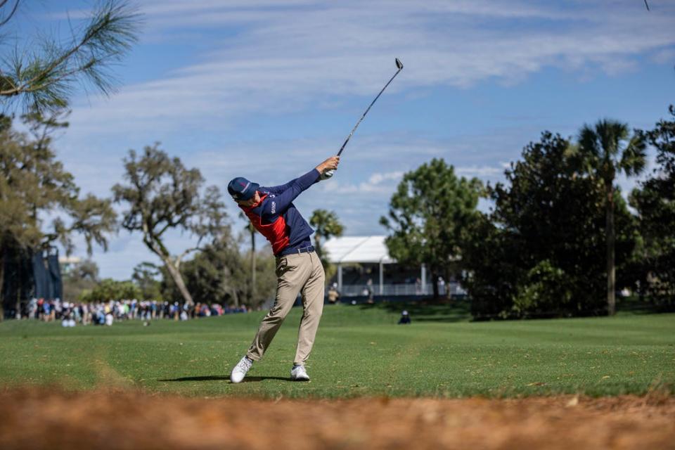 Zach Johnson hits a shot at No. 11 of the Players Stadium Course at TPC Sawgrass during the 2022 Players Championship. He has won 12 PGA Tour titles and two major championships in his career.