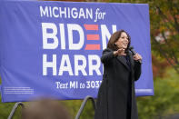 Democratic vice presidential candidate Sen. Kamala Harris, D-Calif., speaks during a campaign event, Sunday, Oct. 25, 2020, in Troy, Mich. (AP Photo/Carlos Osorio)