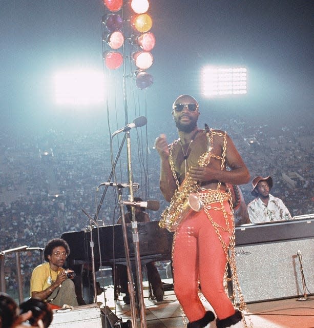 Isaac Hayes at Wattstax 1972, a concert organized by Stax's driving force in its latter years, onetime DJ Al Bell. Hayes was a massive songwriting talent for the studios various stars before branching out on his own, eventually winning an Oscar in 1972 for "Theme from Shaft."