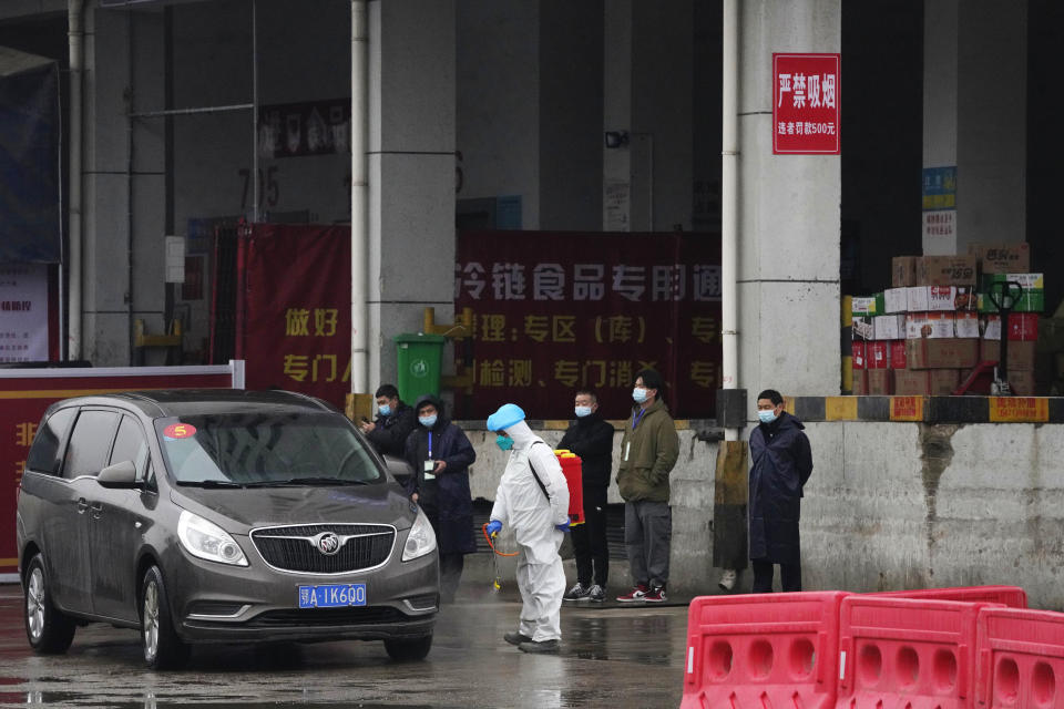 A worker in protective overall disinfects a vehicle from the World Health Organization convoy while they were visiting the Baishazhou wholesale market on the third day of field visit in Wuhan in central China's Hubei province on Sunday, Jan. 31, 2021. (AP Photo/Ng Han Guan)