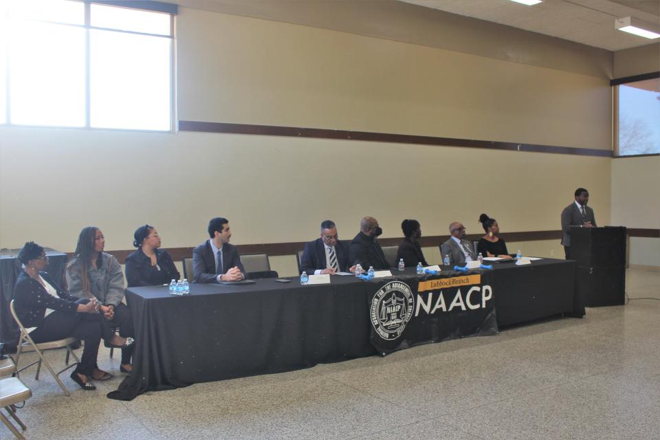 Attorney David Henderson speaks as parents and civil rights leaders listen at a news conference Thursday, Jan. 13, 2023. The parties gathered to respond to resolutions condemning racism adopted by Lubbock-Cooper and Slaton school districts.