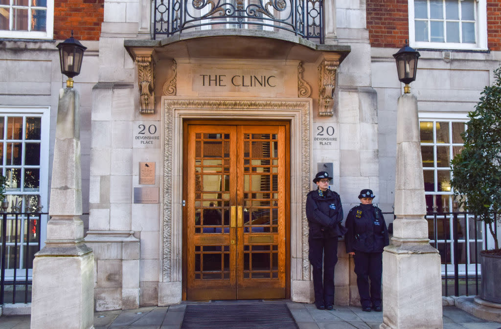 Police officers stand outside The London Clinic on Jan. 26, 2024. The private hospital is where the Princess of Wales had her surgery. <span class="copyright">Vuk Valcic—Getty Images</span>