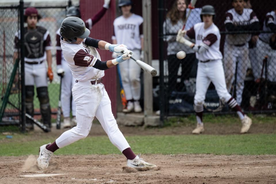 Doherty's Marcus Vargas connects for a single versus Leominster.