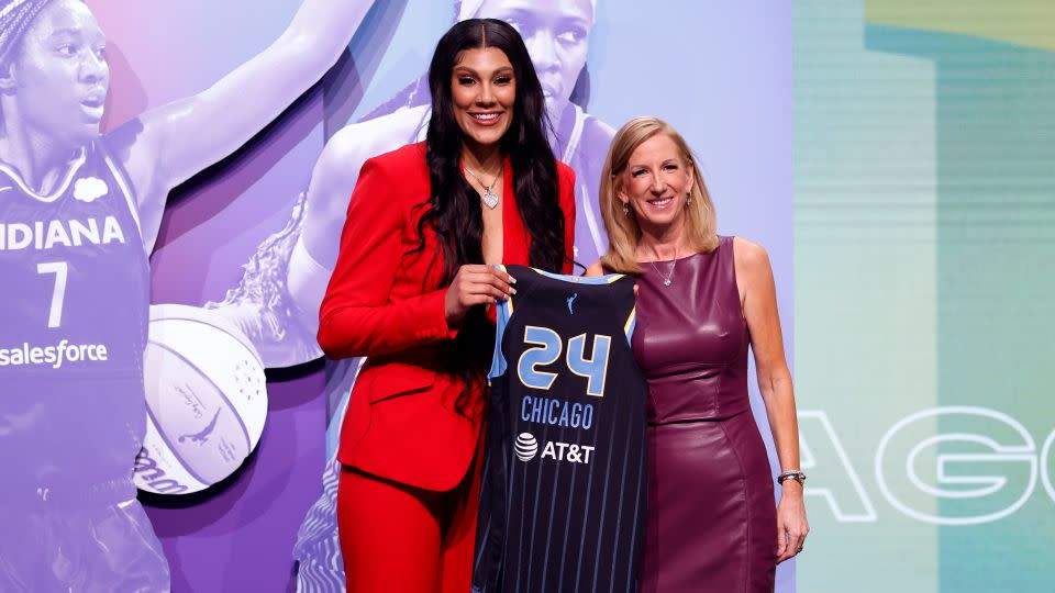 Kamilla Cardoso poses with WNBA commissioner Cathy Engelbert after being selected as the third overall pick by the Chicago Sky. - Sarah Stier/Getty Images