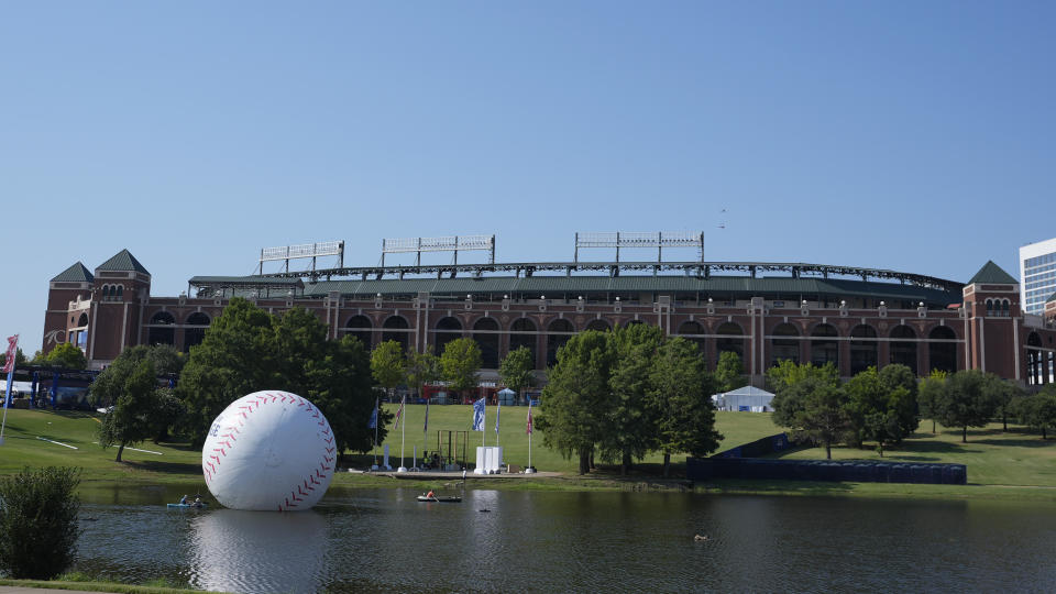 Choctaw Stadium is where the All Star Village will be ahead of the MLB All Star baseball game in Arlington, Texas, Thursday, July 11, 2024. (AP Photo/LM Otero)