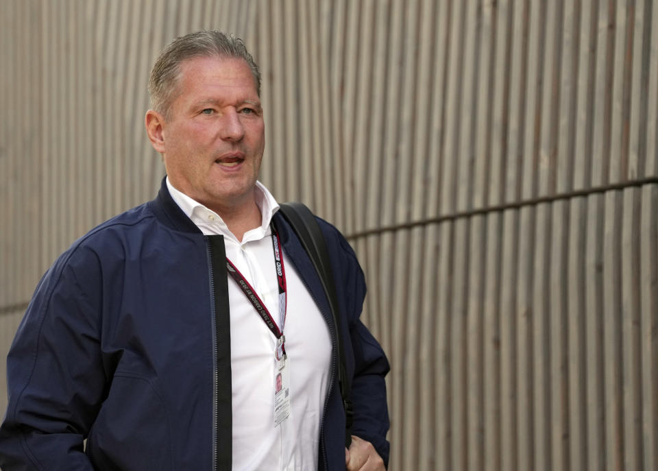 FILE - Jos Verstappen, father of Red Bull driver Max Verstappen of the Netherlands arrives prior to the first free practice for the Austrian Formula One Grand Prix at the Red Bull Ring racetrack in Spielberg, Austria, Friday, July 8, 2022. The Red Bull Formula One team will “explode” if Christian Horner stays on as team principal, according to Jos Verstappen, the father of three-time F1 champion Max Verstappen. The F1 spotlight has been almost entirely on Horner in the days leading up to the new season, over his alleged behavior towards a team employee. (AP Photo/Matthias Schrader, File)