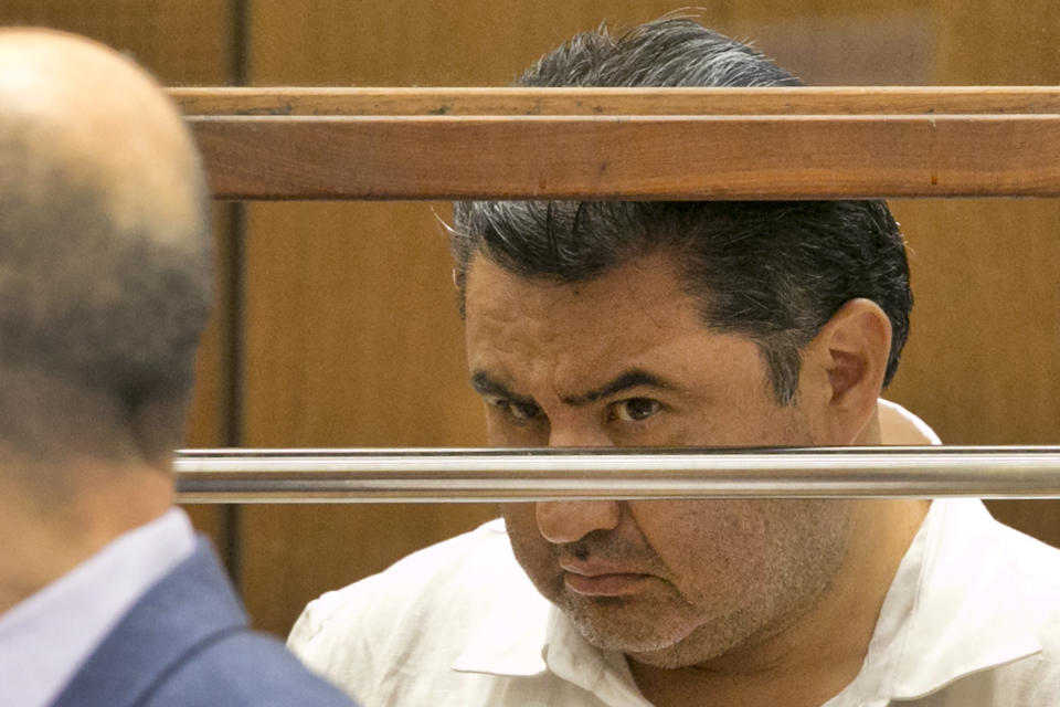 FILE - This June 5, 2019 file photo shows Naasón Joaquín García, the leader of fundamentalist Mexico-based church La Luz del Mundo, appearing in Los Angeles County Superior Court. On Tuesday, April 7, 2020 a California appeals court has dismissed the criminal case against the Mexican megachurch leader on charges of child rape and human trafficking. The case was dismissed on procedural grounds. García, the self-proclaimed apostle of La Luz del Mundo, has been in custody since June. He is currently being held without bail in Los Angeles. The attorney general's office said it was reviewing the court's ruling. (AP Photo/Damian Dovarganes, File)