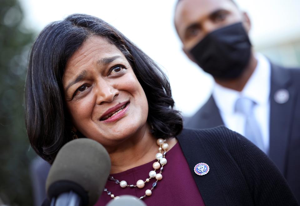 WASHINGTON, DC - OCTOBER 19: Rep. Pramila Jayapal (D-WA) speaks alongside fellow progressive lawmakers following a meeting with President Joe Biden at the White House on October 19, 2021 in Washington, DC. The group of lawmakers met with Biden as negotiations on the infrastructure bill continue.