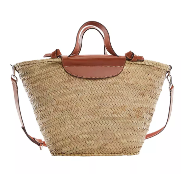 Woven Raffia Tote With Braided Leather Handle