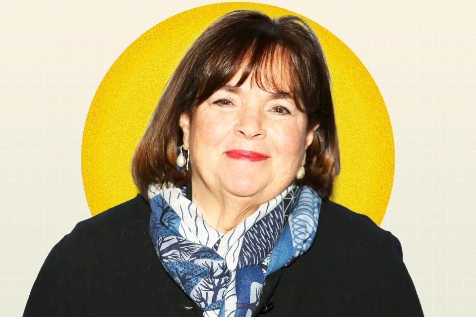 Ina Garten on a designed background