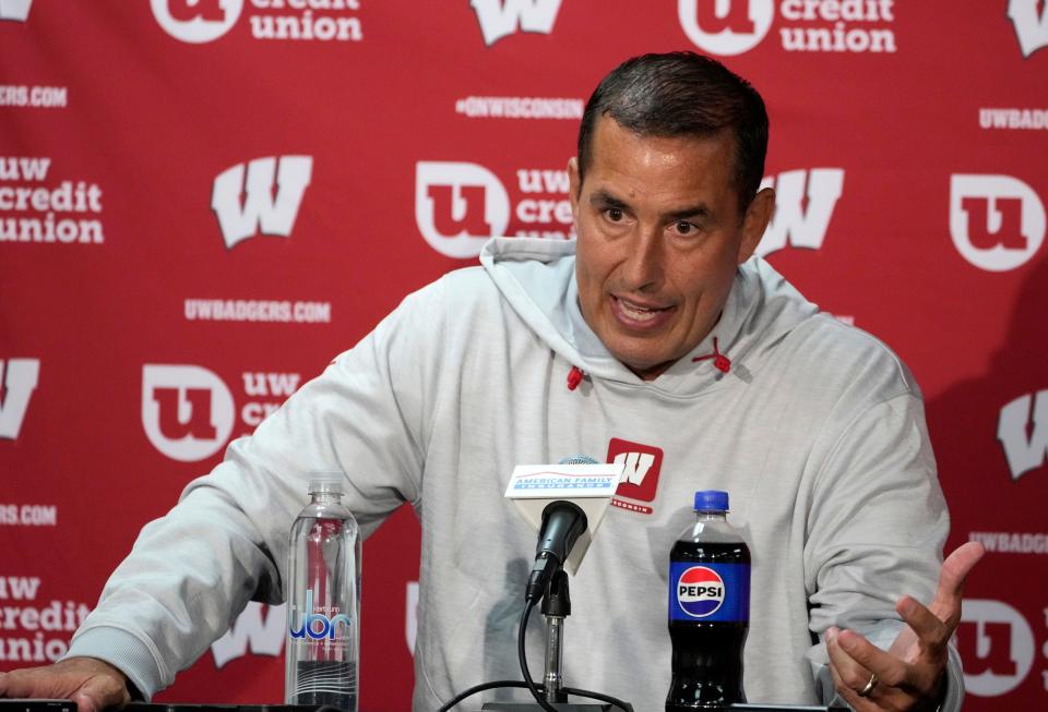 Wisconsin Badgers head coach Luke Fickell answers questions during <a class="link " href="https://sports.yahoo.com/ncaaf/teams/wisconsin/" data-i13n="sec:content-canvas;subsec:anchor_text;elm:context_link" data-ylk="slk:Wisconsin Badgers football;sec:content-canvas;subsec:anchor_text;elm:context_link;itc:0">Wisconsin Badgers football</a> media day at Camp Randall Stadium in Madison on Tuesday, Aug. 1, 2023.