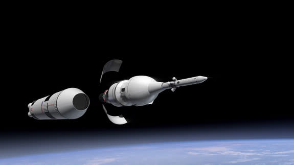 This computer-generated art shows the launch abort system still attached and the jettison of the service module fairing panels.