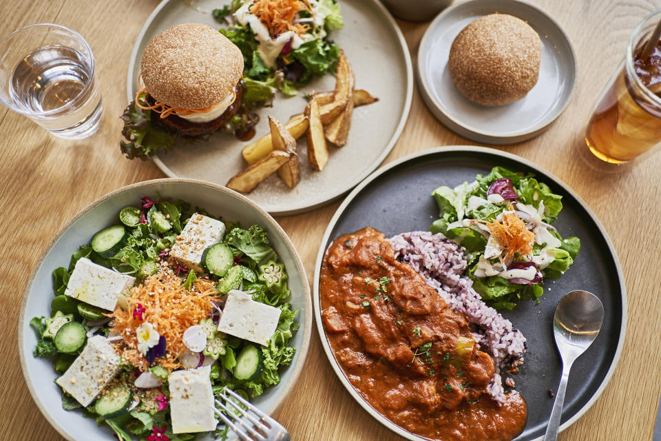 Vegan cafe lunch at Vegan Cafe. Organic curry, alternative soy meat burger, tofu salad..