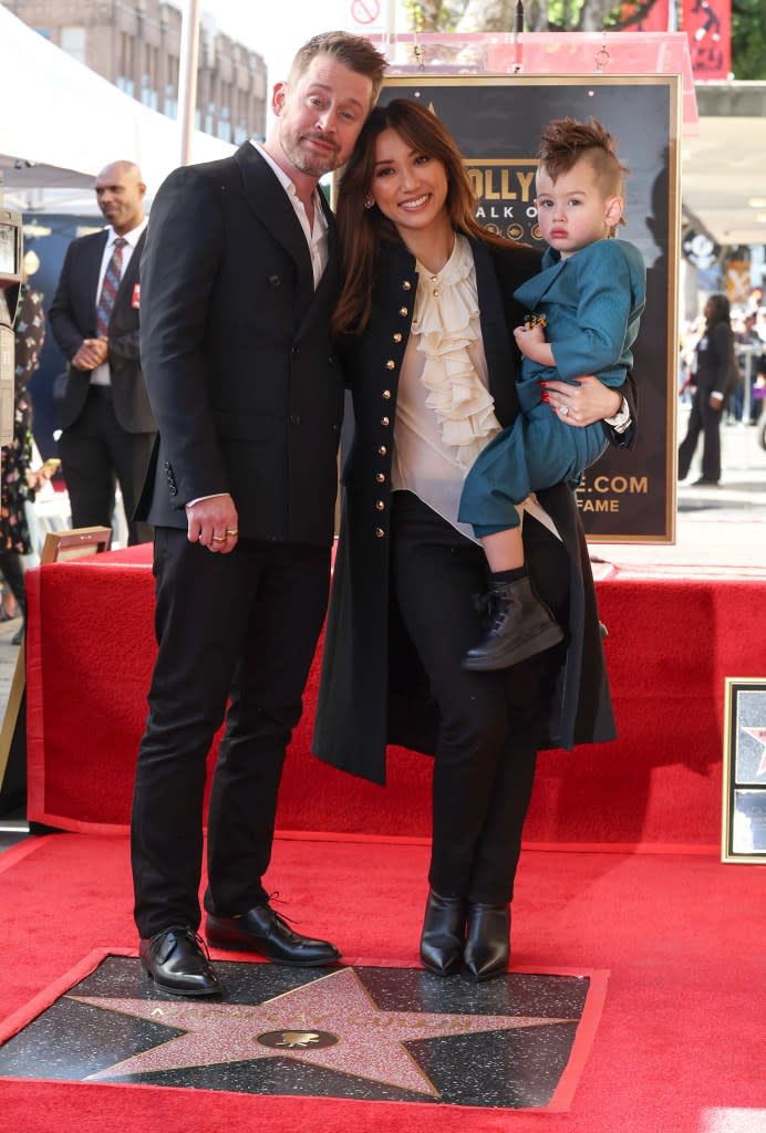 HOLLYWOOD, CALIFORNIA – DECEMBER 01: (L-R) Macaulay Culkin, Brenda Song and Dakota Song Culkin attend the ceremony honoring Macaulay Culkin with a Star on the Hollywood Walk of Fame on December 01, 2023 in Hollywood, California. (Photo by Amy Sussman/Getty Images)