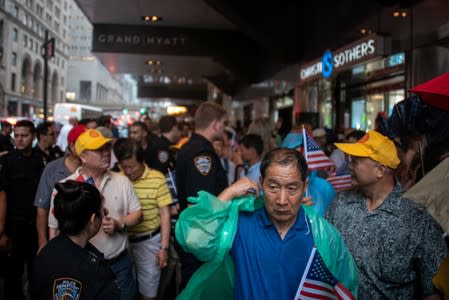 Demonstrators gather outside Grand Hyatt hotel, where Taiwan's President Tsai Ing-wen is supposed to stay during her visit to the U.S., in New York City