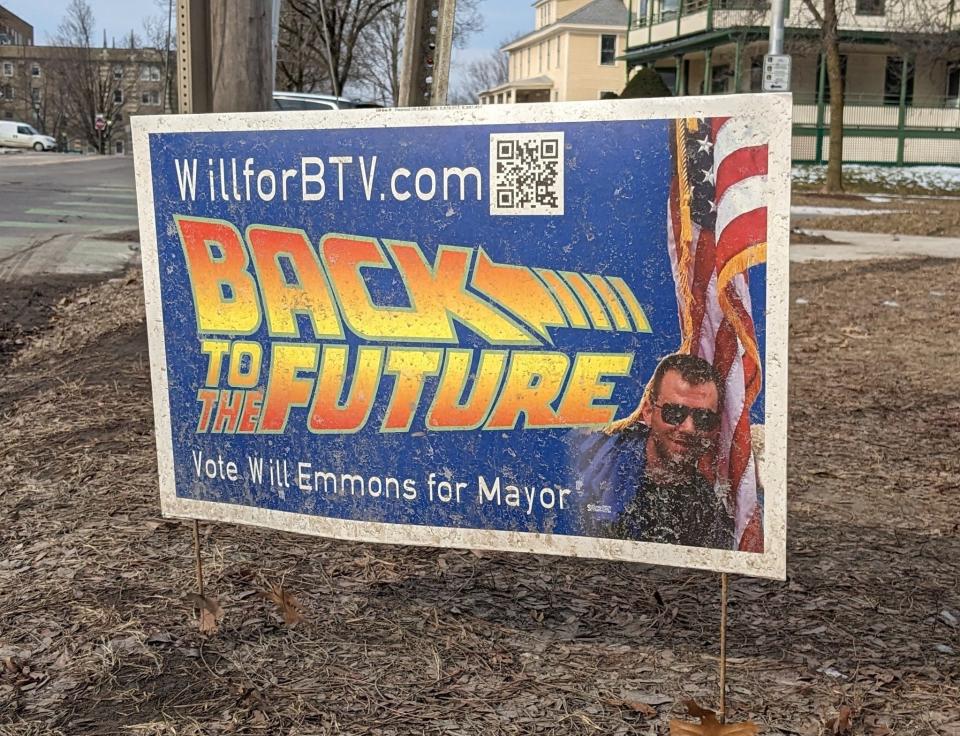 A campaign sign for 2024 Burlington mayoral candidate Will Emmons, an Independent, sits on Colchester Street near the University of Vermont campus.
