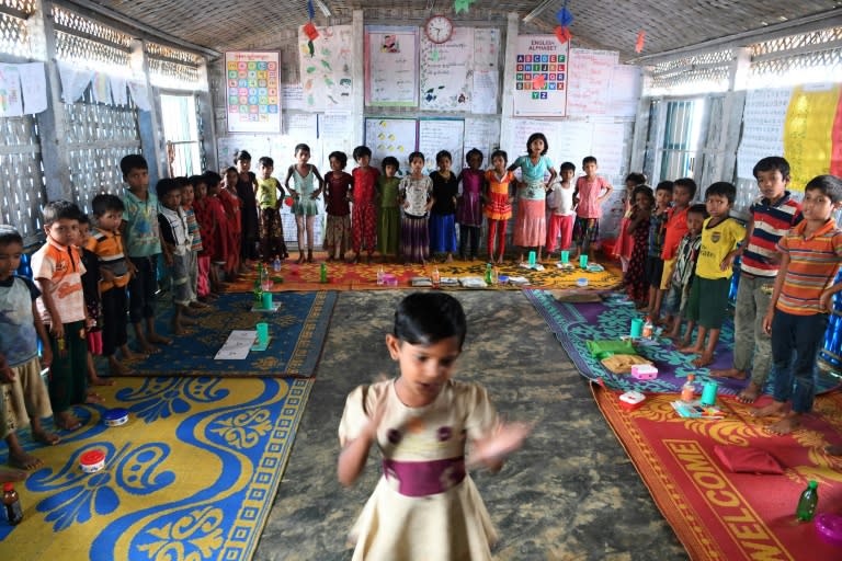 Rohingya refugee children take part in activities at a school in the Kutupalong refugee camp in the Bangladesh