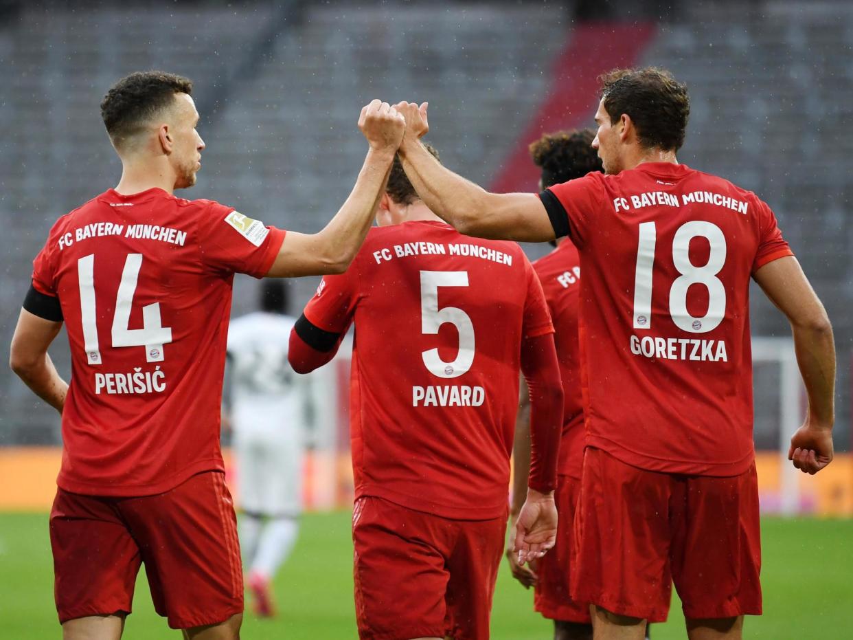 Bayern Munich's Leon Goretzka celebrates scoring their first goal with Ivan Perisic: REUTERS