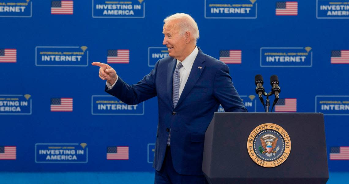 President Joe Biden acknowledges the crowd after speaking Thursday, Jan. 18, 2023 at the Abbotts Creek Community Center in Raleigh. Biden announced plans to invest $82 million from the American Rescue Plan for affordable high speed internet for 20,000 North Carolinians.