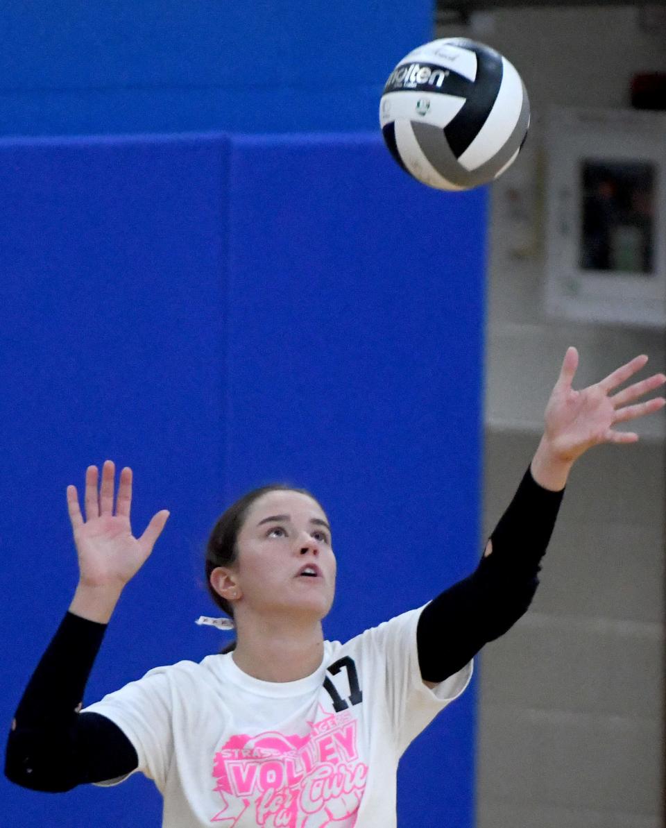 Strasburg's Riley Thomas serves in the second set at East Canton, Thursday, Sept 28, 2023.